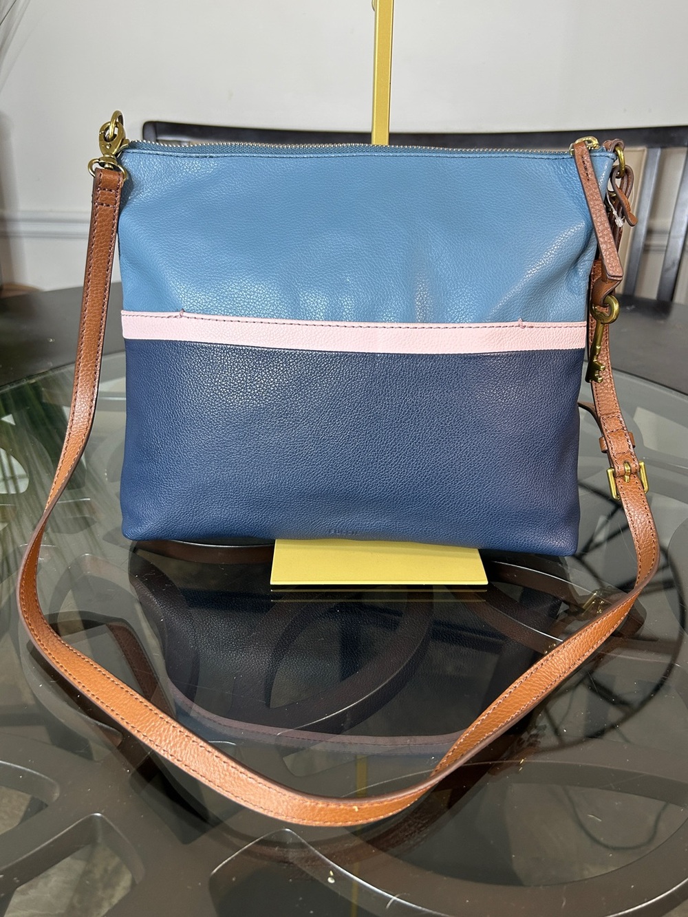 Fossil Fiona Leather Crossbody Bag Blue Navy Pink Colorblock 12x10 Key Charm